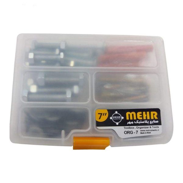 قیمت مجموعه 130 عددی پیچ و رولپلاک و میخ مهر مدل DDB-130 به همراه جعبه ابزار مهر مدل ORG-7 سایز 7 اینچ